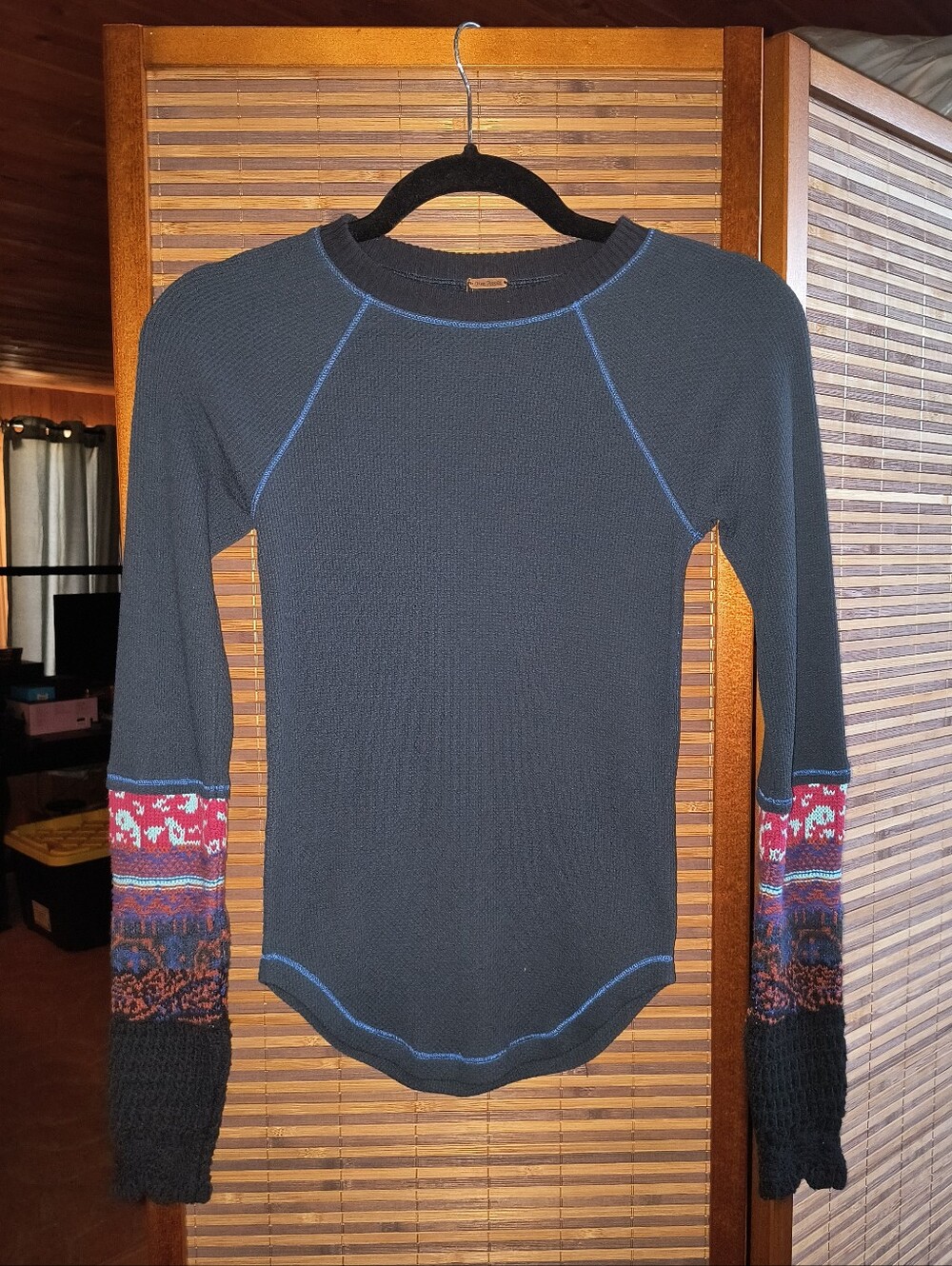 Free People Navy Waffle Thermal Top with Multicolor Patterned Sleeve Panels